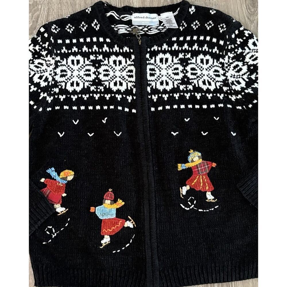 VTG Alfred Dunner Cardigan Sweater Ice Skaters Winter Christmas Fair Isle M Pet‍